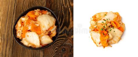 Kimchee In Black Bowl On Wood Table Spicy Kim Chi Pile Hot Fermented Napa Cabbage Traditional