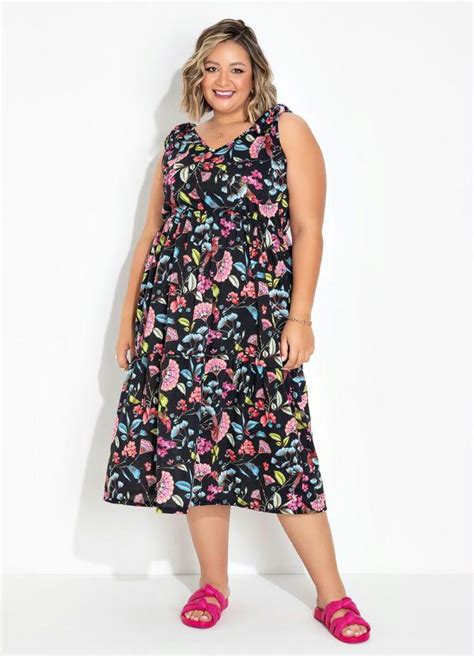 Vestido Floral Preto Com Amarração Plus Size Marguerite