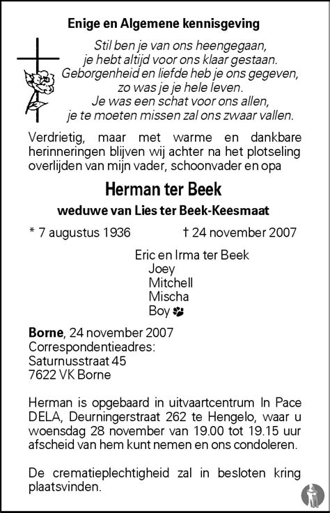 Herman Ter Beek 24 11 2007 Overlijdensbericht En Condoleances