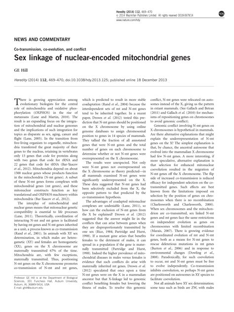 Pdf Sex Linkage Of Nuclear Encoded Mitochondrial Genes