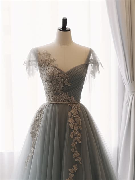 A-Line Sweetheart Neck Tulle Lace Gray Blue Long Prom Dress, Gray Blue ...