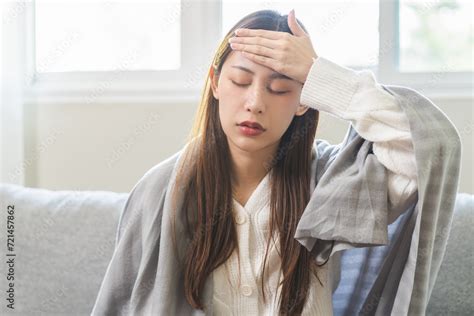 Sick Influenza Asian Young Woman Girl Headache Have Fever Hand