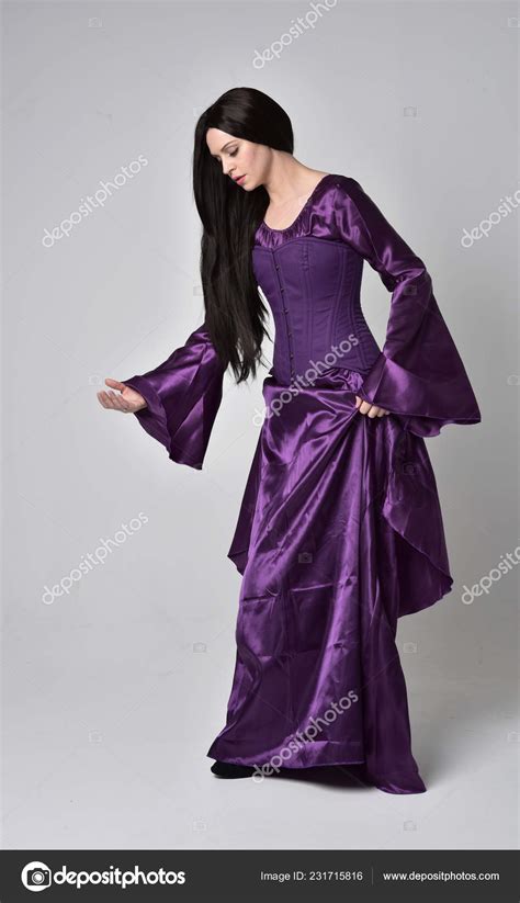 Full Length Portrait Beautiful Girl Long Black Hair Wearing Purple