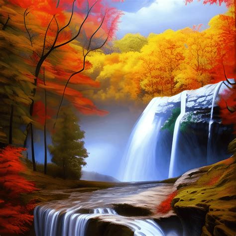 Beautiful Autumn Waterfall Painting · Creative Fabrica