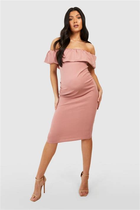 Womens Maternity Volume Ruffle Bardot Midi Dress Boohoo Uk