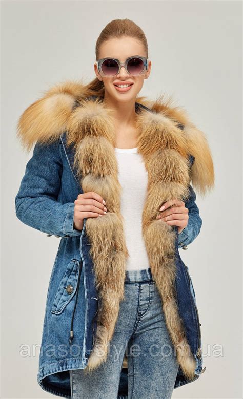 Зимняя женская парка джинсовая ML с натуральным золотистым мехом ...