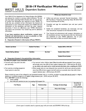 Fillable Online 201819 Verification Worksheet West Hills College Fax