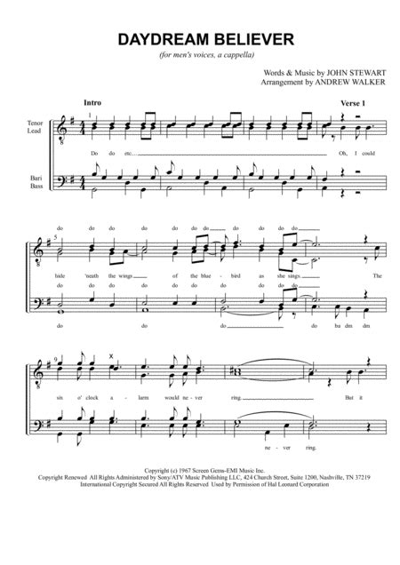 Daydream Believer Arr Andrew Walker Sheet Music The Monkees Ttbb Choir