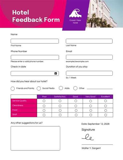 Moderne Feedback Formulare für Hotels in Rosa und Lila Venngage