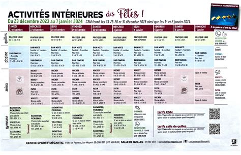 Horaire des fêtes Activités intérieures 2023 2024 Ville Lac Mégantic