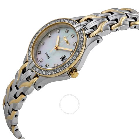 Seiko Solar Mother Of Pearl Dial Crystal Bezel Two Tone Ladies Watch