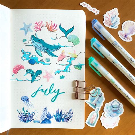 Cover Page of July🐳 || Marine Bullet Journal Theme || Summer Bullet ...