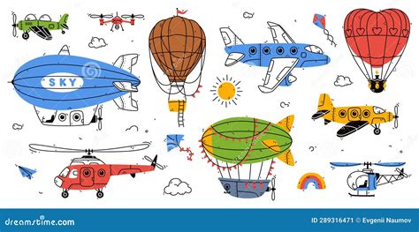Different Aircraft With Hot Air Balloon And Plane Vector Set Stock