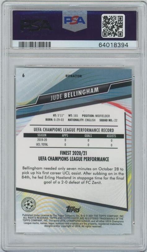 2020 21 Topps Finest UCL UEFA Jude Bellingham RC 6 REFRACTOR PSA 9