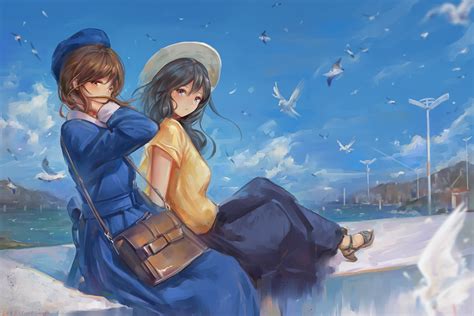 2girls Animal Bird Black Hair Blue Eyes Blush Brown Hair Clouds Dress