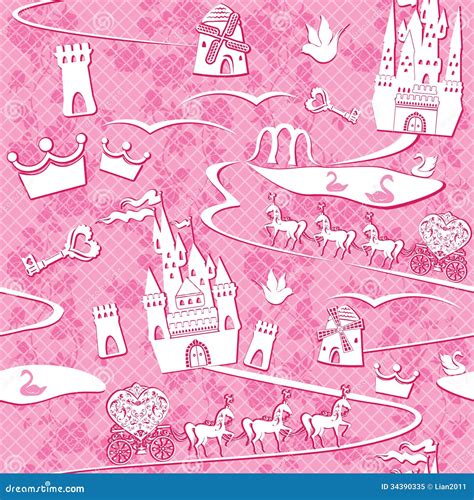 Seamless Pattern With Fairytale Land Castles La Stock Vector