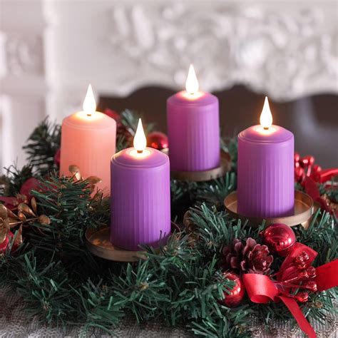 Fpoo Battery Operated Advent Candles Purple And Pink Flameless Pillar Candles With