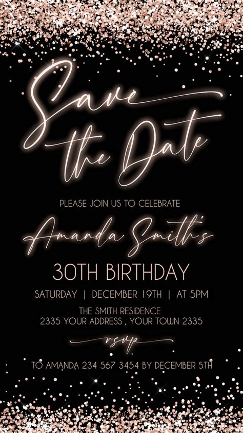 Editable Save The Date Birthday Party Invitation Glitter Rose Etsy