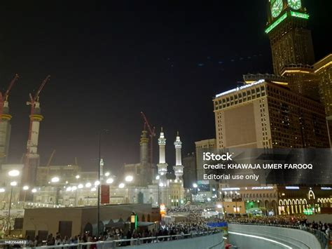 beautiful night view   road  masjid alharam mecca stock