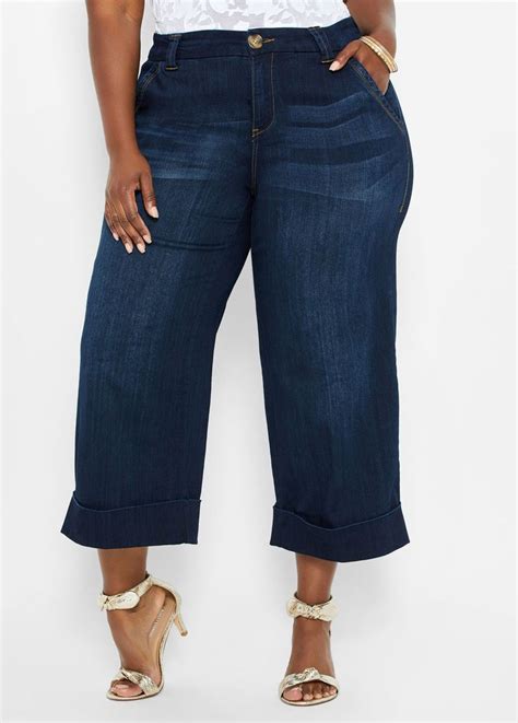 Cropped Wide Cuff Denim Capris Plus Size Outfits Trendy Plus Size