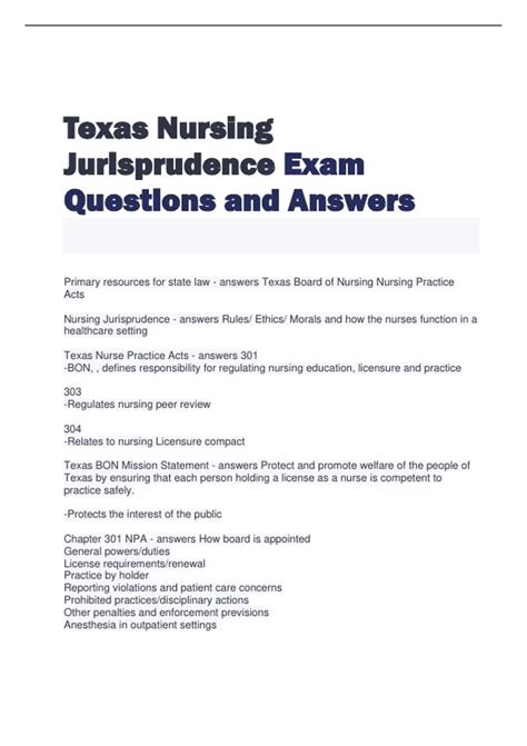 Texas Nursing Jurisprudence Exam Questions And Answers Pdf