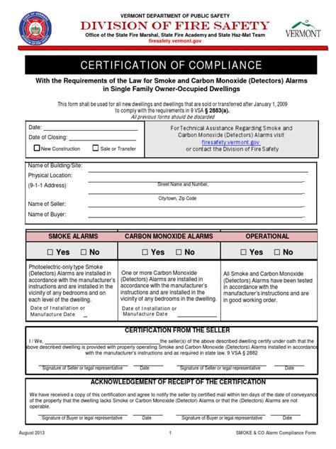 Vermonts Certification Of Compliance Smoke Alarm Form August 2013 Prevention Hazards