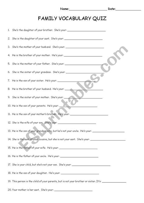 Family Member Vocabulary Quiz / Worksheet (with Answer Key) - ESL ...