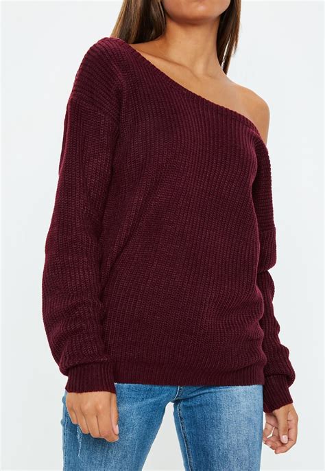 Burgundy Off Shoulder Knitted Jumper Missguided Knit Outfit