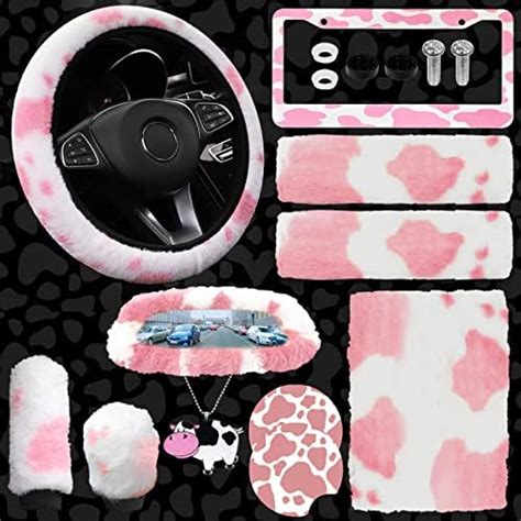 JINGSEN11 Pieces Fluffy Car Accessories Set Fluffy Cow Print Plush