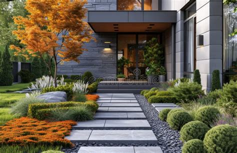 A Front Walkway with Plants from the Ground Stock Photo - Image of path ...