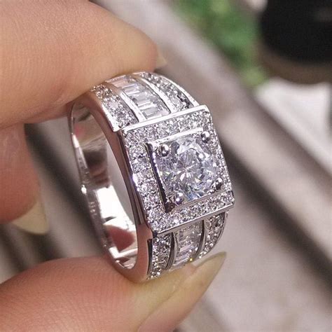 WWAANNGG Anillo De Diamantes Para Hombre Anillo De Oro Blanco De 18