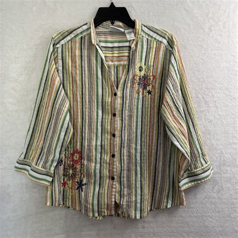 Alfred Dunner Button Up Top Woman Striped Multicolor Long Sleeve