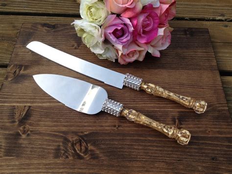 Gold Cake Knife And Serving Set Rustic Wedding Cake Server By Pinensign