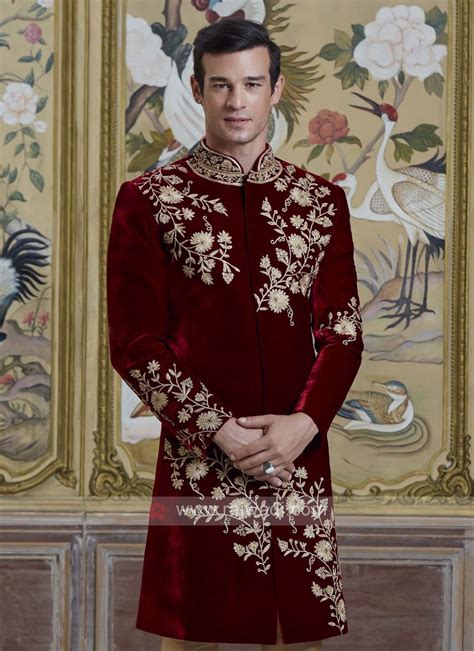 Maroon Sherwani In Velvet Fabric By Amir Adnan Sherwani Wedding