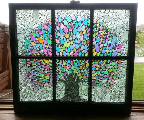 Ooak Dichroic Glass Mosaic Tree Vintage 6 Pane Window Window Stained