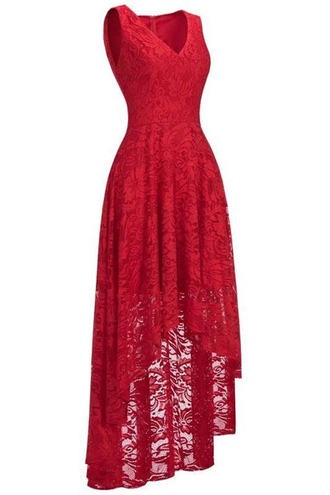 Chicloth A Line Hi Lo V Neck Sleeveless Burgundy Lace Dresses Cute