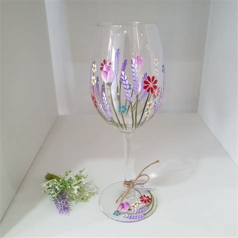 Hand Painted Dainty Wildflower Wine Glass With Glitter Dots Etsy Uk