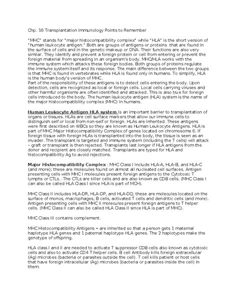 Chp. 16: Essential Points on Transplantation Immunology & HLA - Studocu