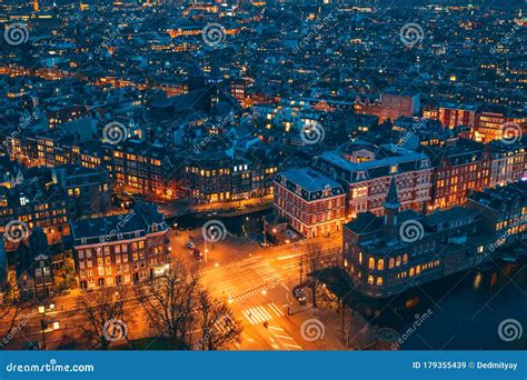 Amsterdam Night City Skyline Aerial View from Above, Amsterdam, Netherlands Stock Image - Image ...