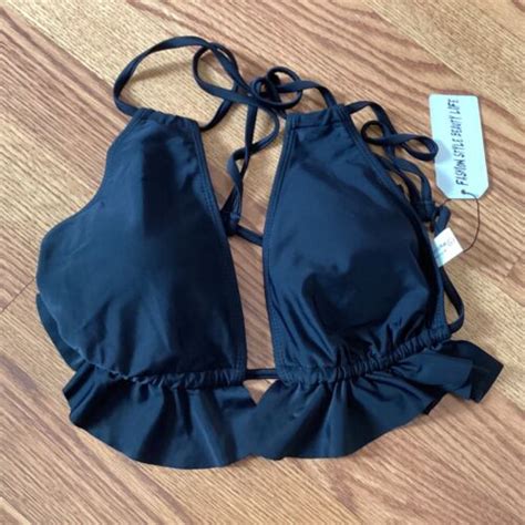 Nwt Sporlike Black Ruffle Accent String Bikini Top Size L Ebay