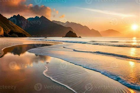 sunset on the beach, mountains, water, beach, hd wallpaper. AI ...