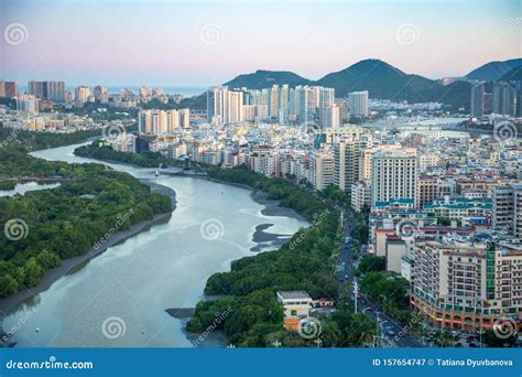 Sanya Hainan China 04072019 Aerial View Of Sanya City With River