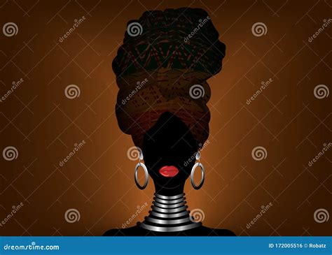 African Scarf Portrait Afro Woman In A Geometric Turban Tribal Wrap