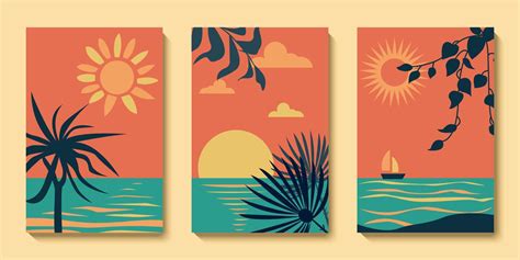 Set Of Summer Abstract Modern Landscape Poster Sea Background Sunset