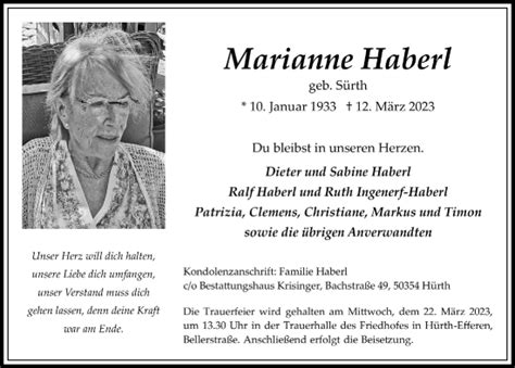 Traueranzeigen Von Marianne Haberl Wirtrauern