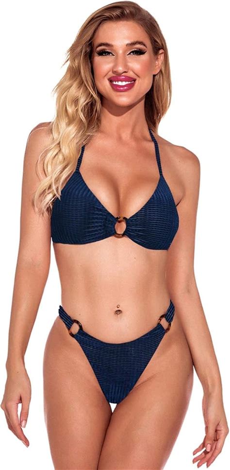 Damen Badeanzug Gepolstert Bikini Set Halsholder Bikini Oberteil High