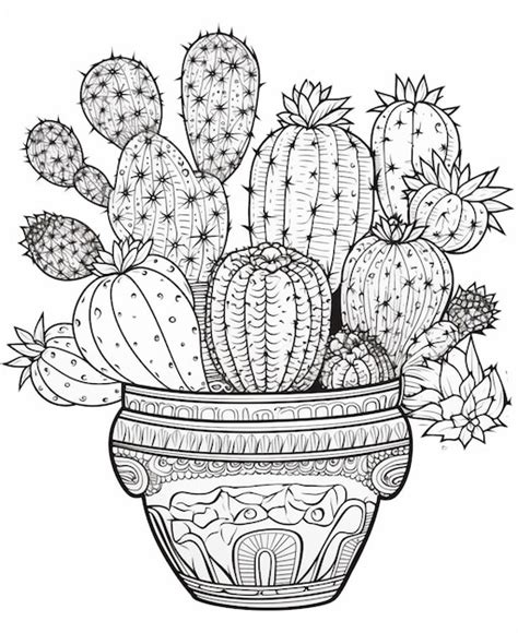 Un Dibujo De Una Planta De Cactus En Maceta Con Flores En Ella