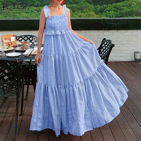 Zanzea Women Bohemian Ruffled Party Beach Maxi Sundress Summer Plaid