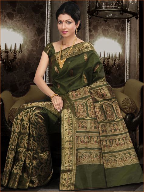 Olive Green Bengal Handloom Saurnachuri Silk Saree With Blouse Saree