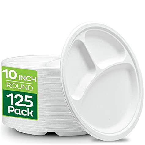 100 Compostable Paper Plates 10 Inch 125 Pack 3 Compartment